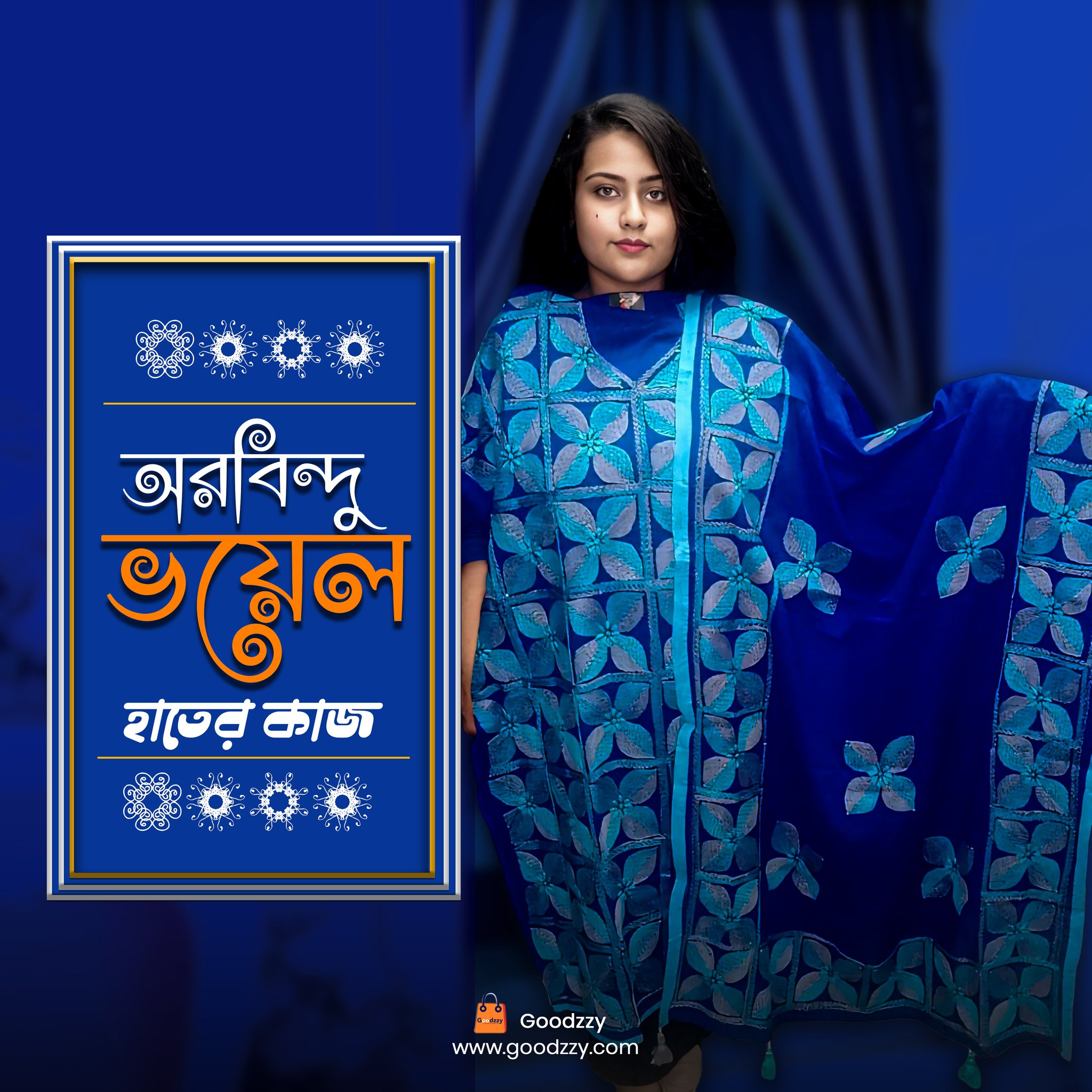 Deep Blue Handcrafted Dress with Intricate Floral Patterns