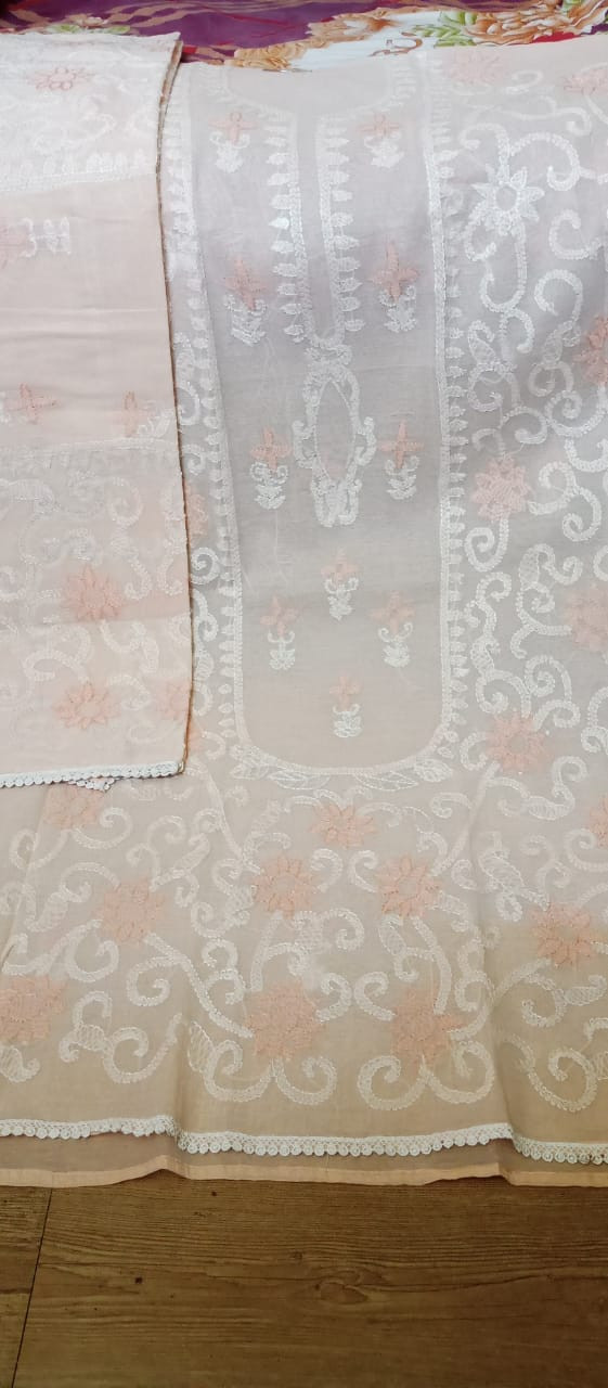 Semi-Muslin Embroidered Dress - Peach White Bloom