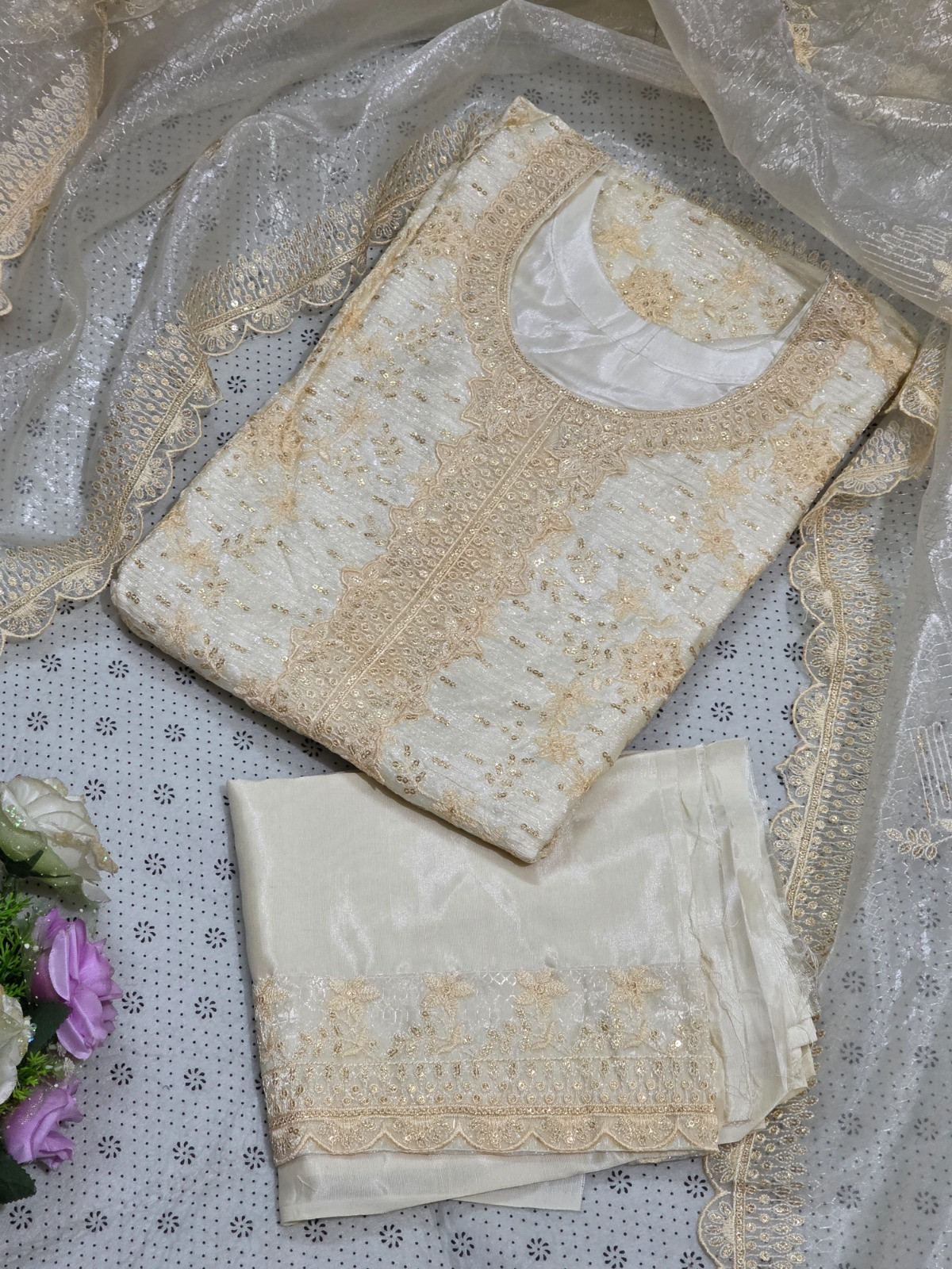 Luxury Stone Embroidered Two-Piece Set – Light Golden