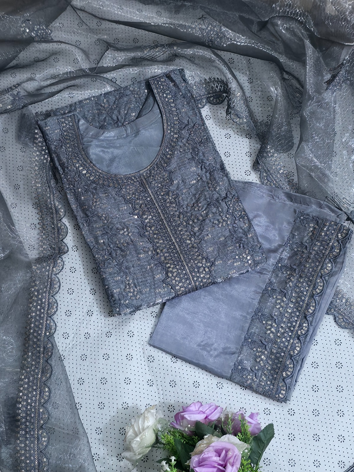 Organza Embroidered & Sequined Three-Piece Set