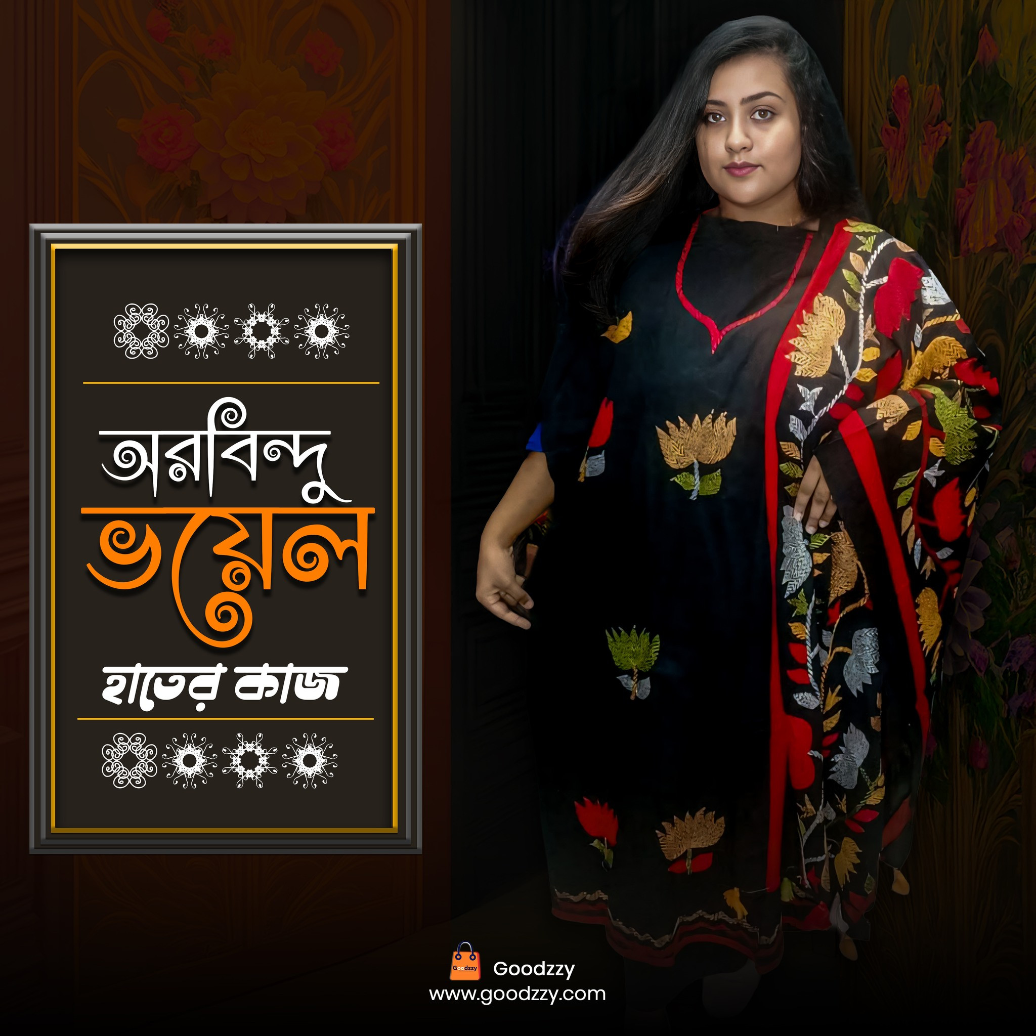 Arbindo Padmobahar Three-Piece Set – Full Hand Embroidery on Black
